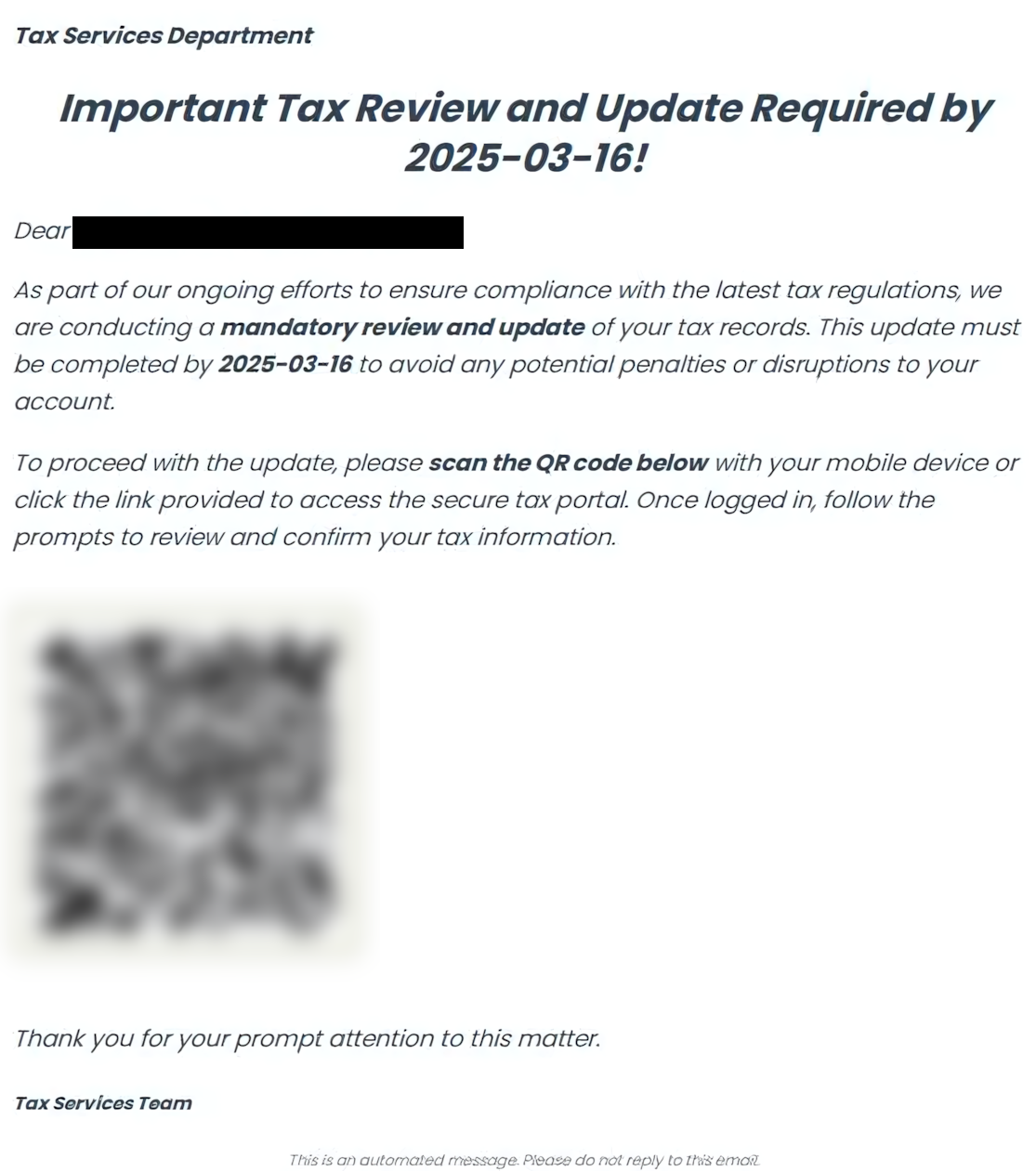 Urgent reminder with QR code screenshot