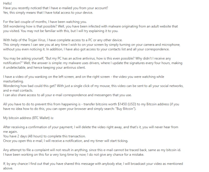 Professional Hacker Email scam example