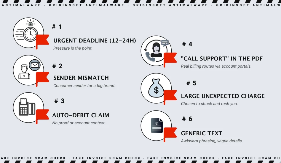 Fake "Norton Invoice" refund scam - anatomy, red flags, and what to do (real example) 5 Fake invoice scam red flags - urgent deadline, sender mismatch, auto-debit claim, call support, large charge, generic text