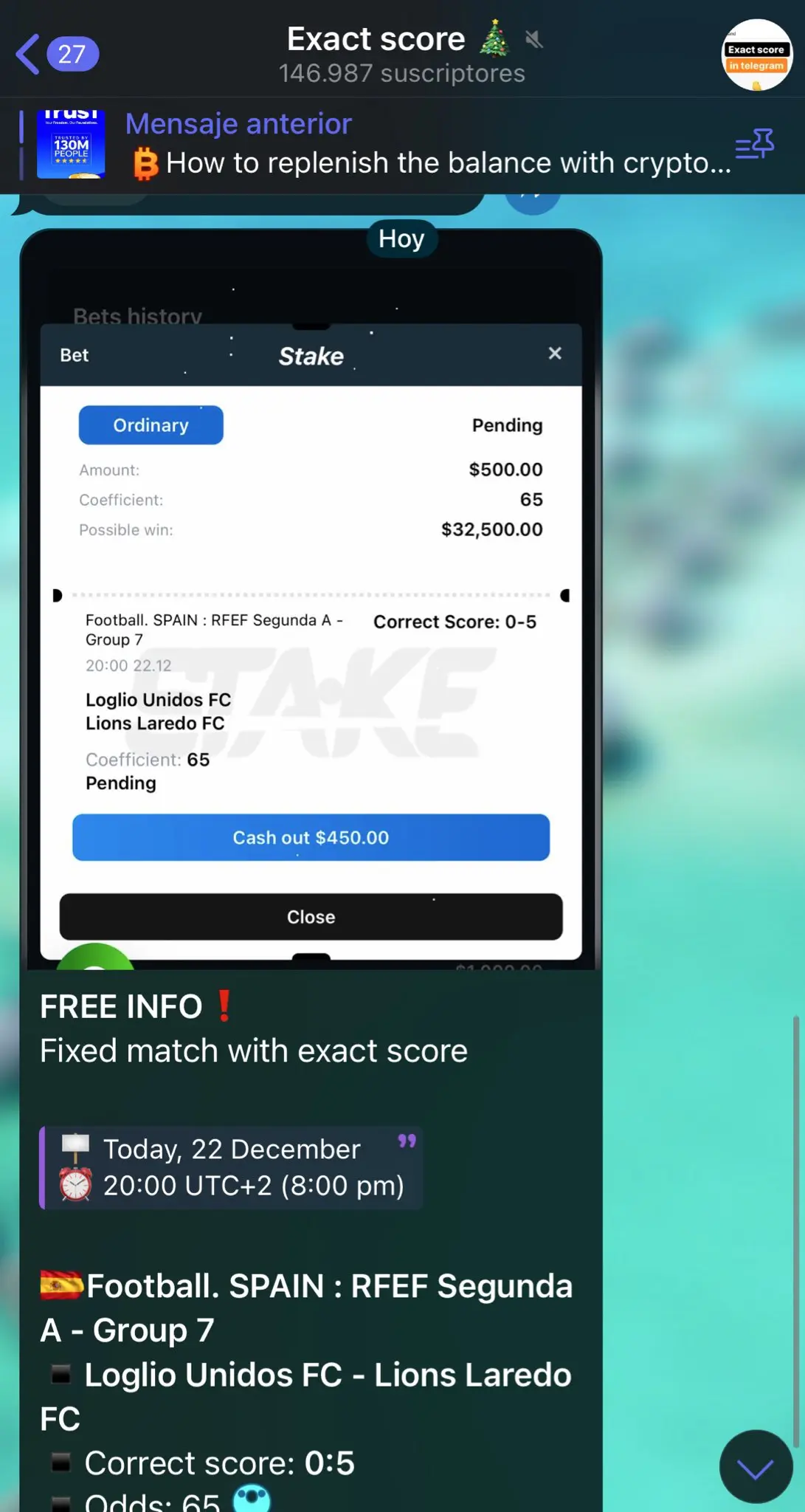 Screenshot of a VIP tipster group showing falsified winning records