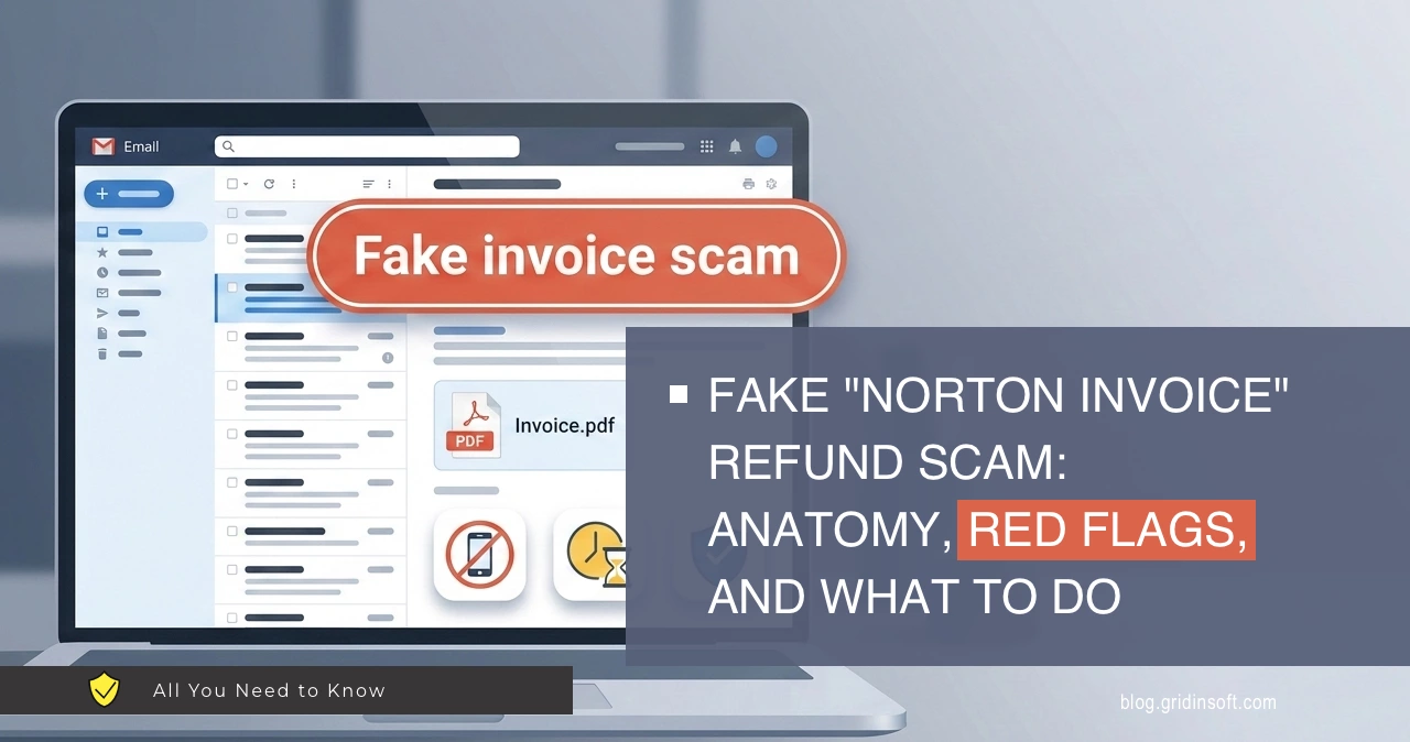 Fake "Norton Invoice" refund scam - anatomy, red flags, and what to do (real example) 1 Fake Norton invoice refund scam featured image with email inbox and invoice PDF warning