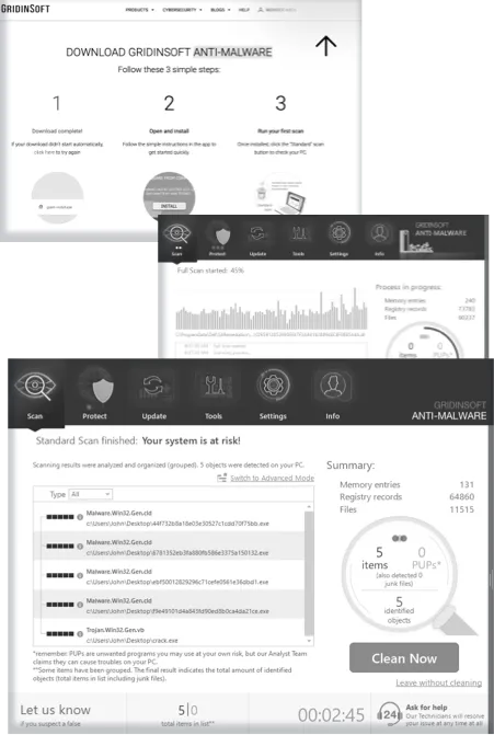 Installation to results: Download, scan execution, and detected threats.