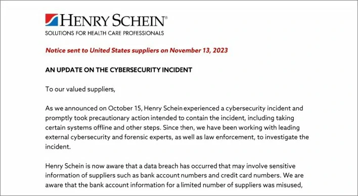 Henry Schein was hacked twice by BlackCat ransomware 2 notification from Henry Schein