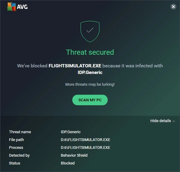 IDP.Generic detection alert displayed in Avast antivirus showing a blocked security threat