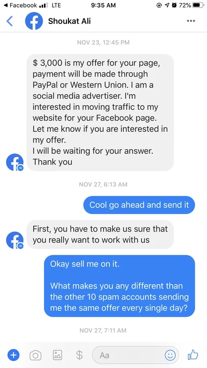5 Signs That You've Fallen Victim to a Scam 2 Example of a message scam on Facebook