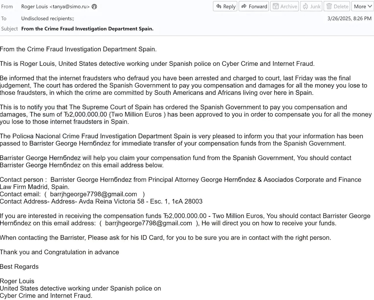 Internet Fraudsters Arrested phishing email sample