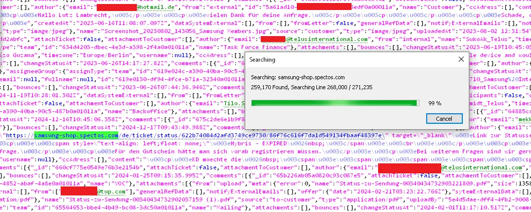 Samsung Tickets Data Leak 3 Snippet from the leak shows samsung-shop.spectos.com screenshot