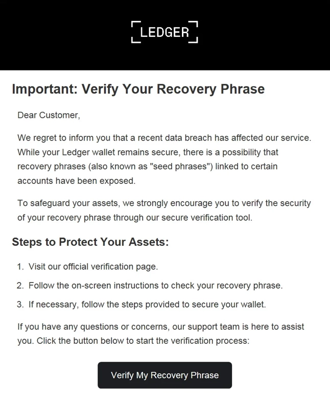 New Ledger Phishing Campaign Targets Recovery Phrases 2 Ledger phishing email screenshot