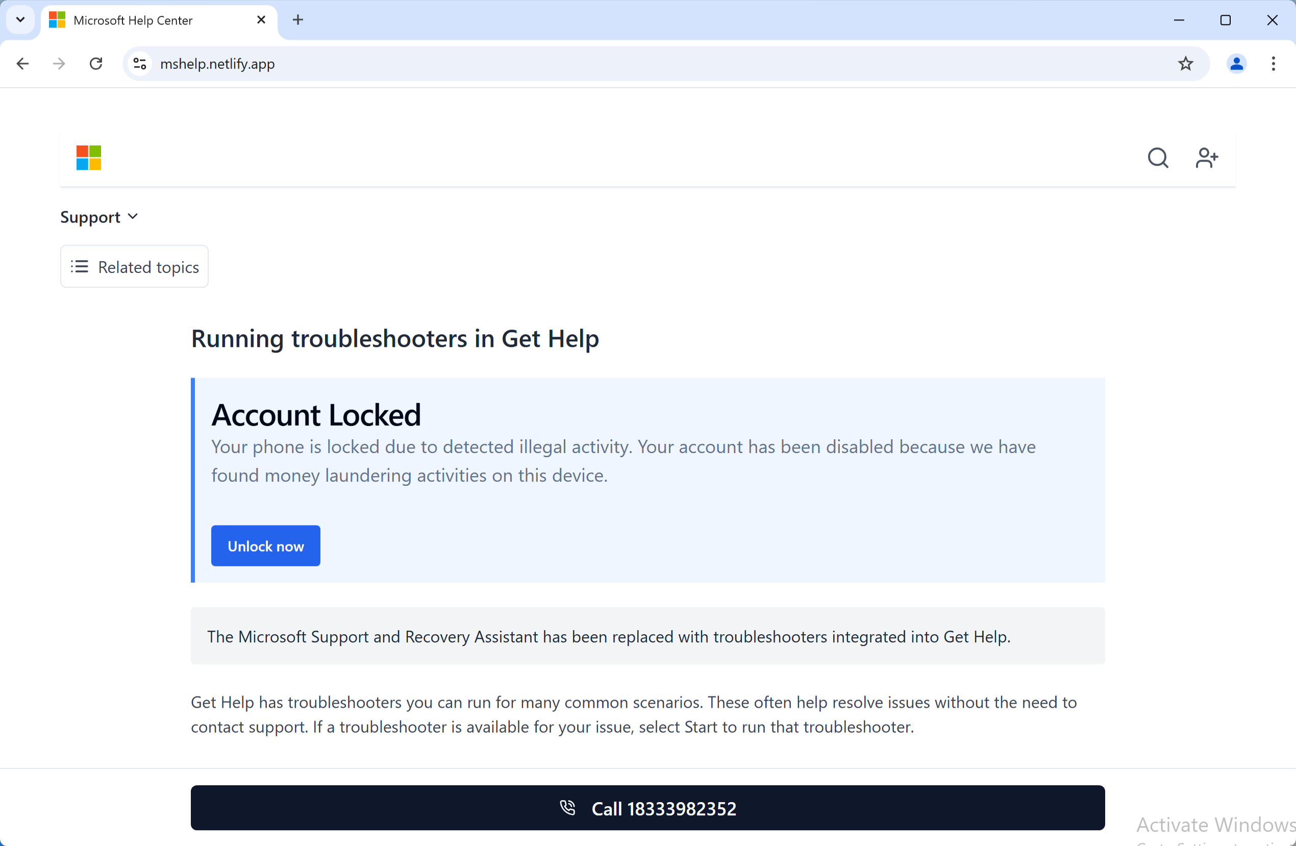 Microsoft Account Locked 2 "Microsoft Account Locked" fake page screenshot