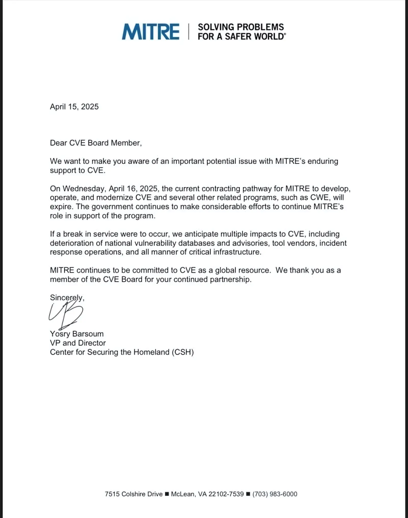 MITRE Warns CVE Program Funding Expires on April 16 2 Letter to MITRE CVE Board screenshot