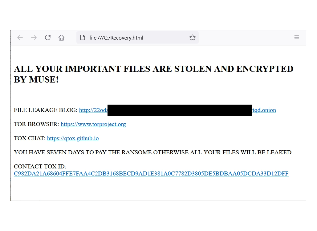 Donex, DarkRace, fake LockBit 3.0 and Muse Ransomware Decryptor Released 2 Muse ransom note