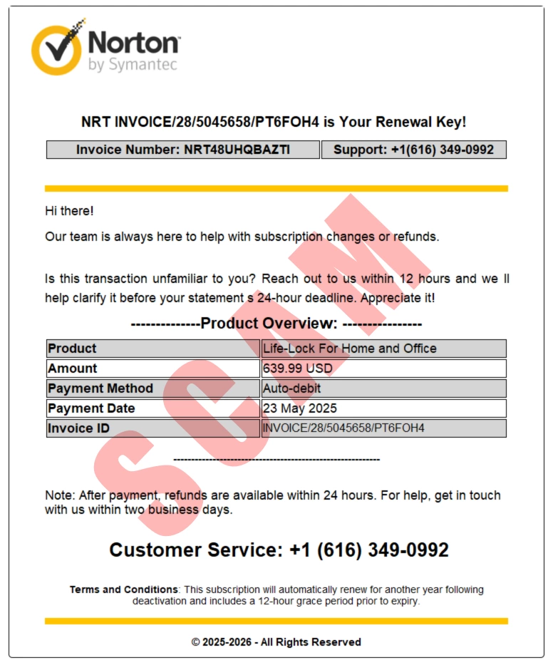 Fake "Norton Invoice" refund scam - anatomy, red flags, and what to do (real example) 3 Norton invoice refund scam