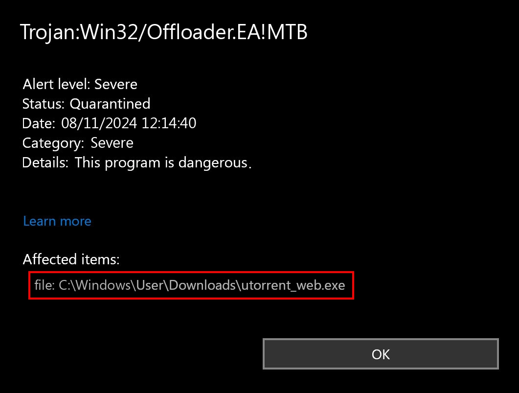 Trojan:Win32/Offloader.EA!MTB 4 Offloader detection uTorrent