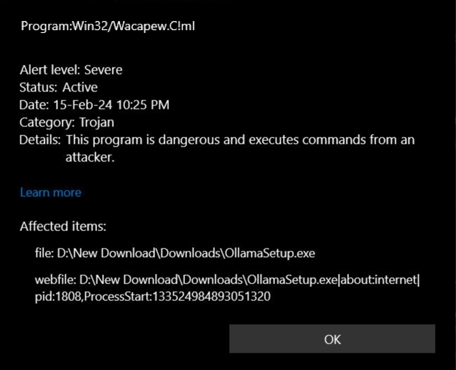 Program:Win32/Wacapew.C!ml 4 Ollama installer detection screenshot