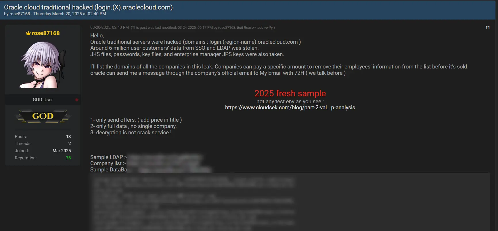 Oracle Cloud Breach Plausible, Experts Research Confirms 2 Oracle Cloud breach post screenshot
