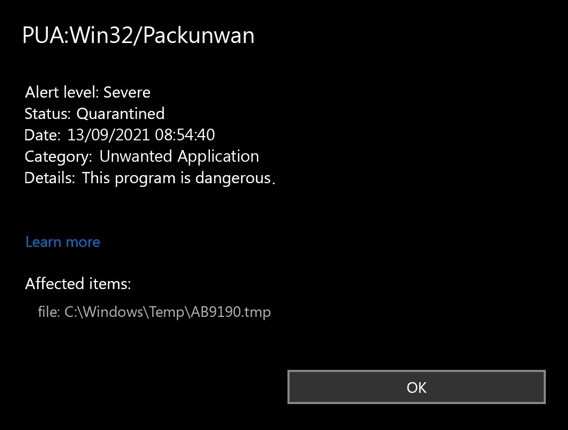 PUA:Win32/Packunwan: What Is It and How to Remove 2 PUA:Win32/Packunwan detection screenshot