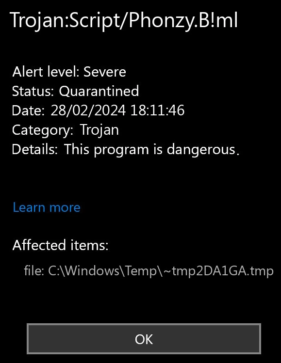 Microsoft Defender alert showing Trojan:Script/Phonzy.B!ml detection with severe threat level