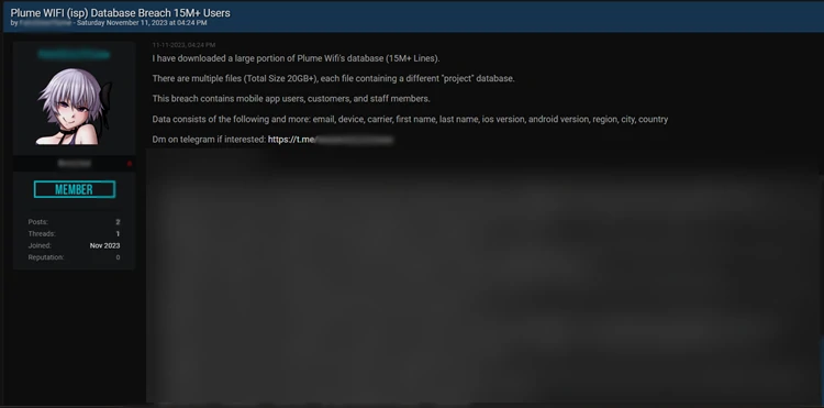 Plume Hacked, Data Leaked in the Darknet 2 Data leak post screenshot