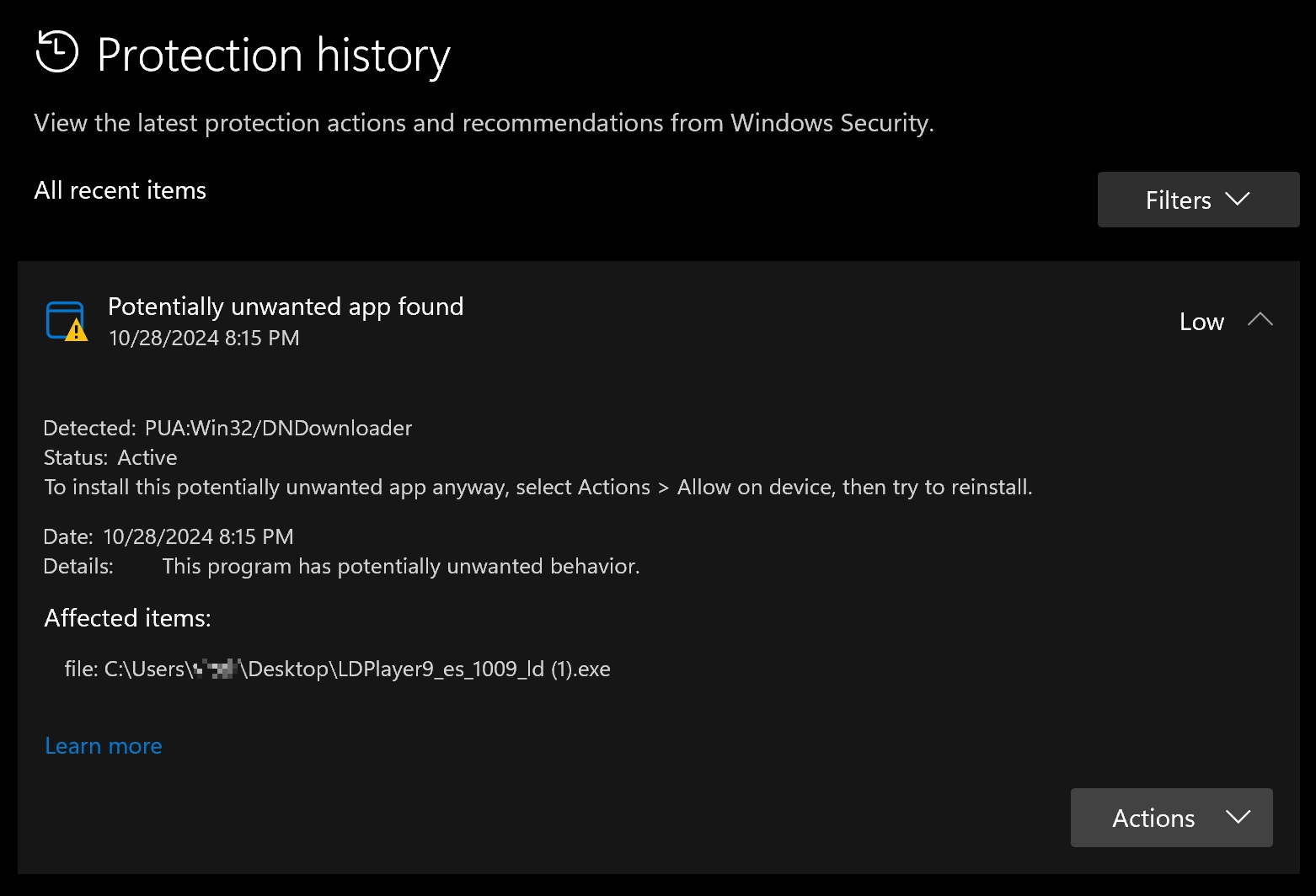 PUA:Win32/DNDownloader 2 PUA:Win32/DNDownloader detection window screenshot