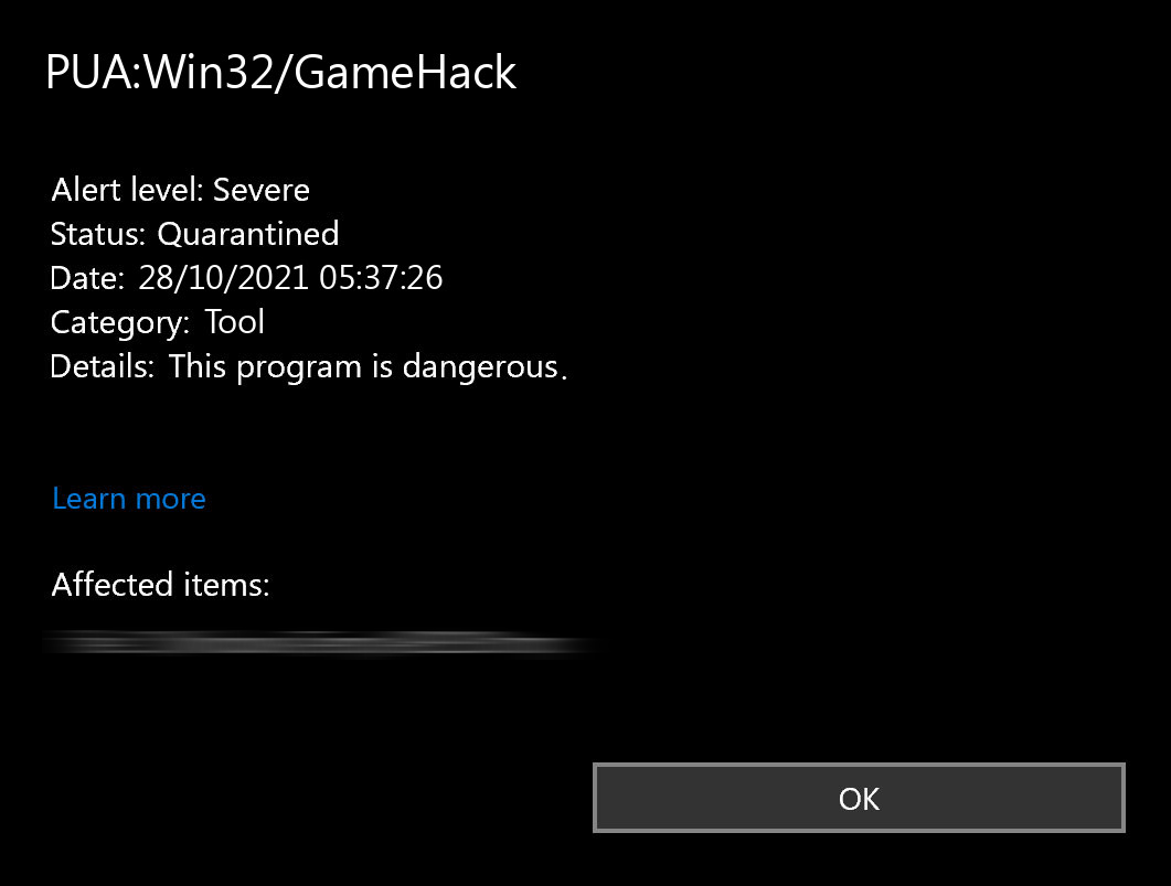 What is PUA:Win32/GameHack? 2 PUA:Win32/GameHack detection screenshot