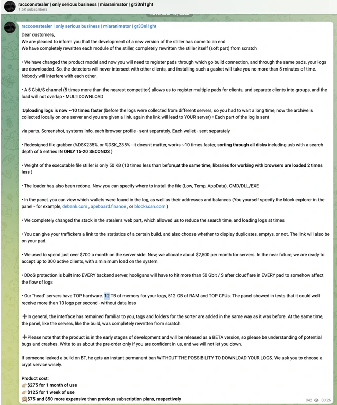 Raccoon infostealer Telegram promotion channel