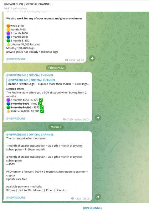 RedLine infostealer Telegram channel showing subscription pricing