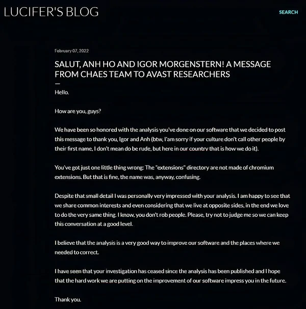 Chae$4 Malware Released, Targets Banking & Logistic Orgs 2 Chaes developer's response screenshot