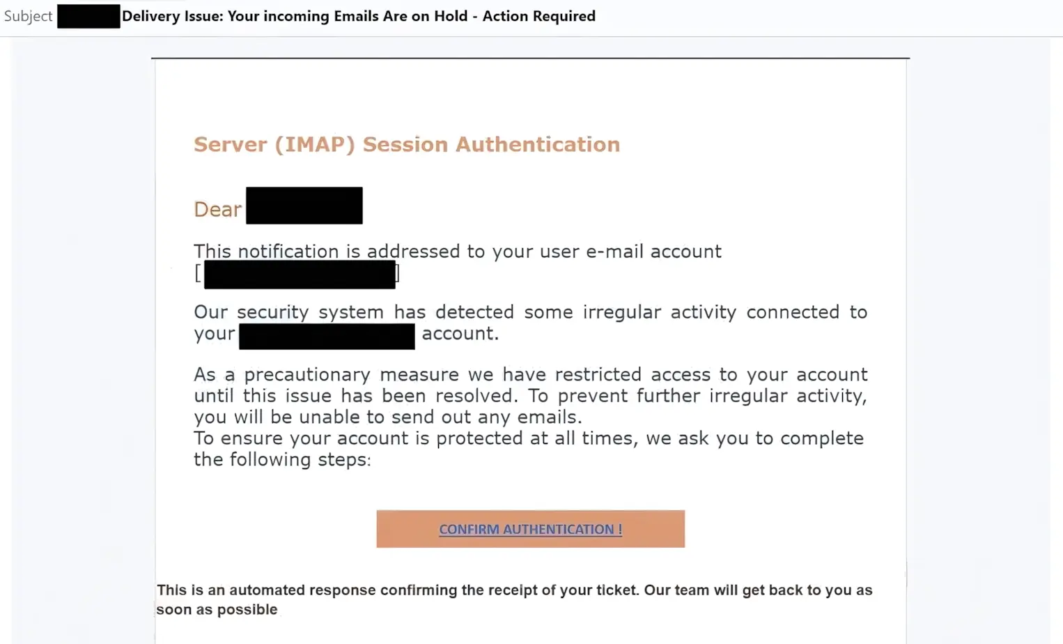 Server (IMAP) Session Authentication fake email screenshot