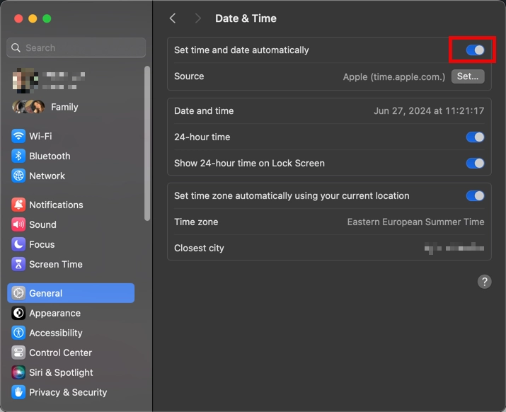 "Your Connection is Not Private" Error: When Your Browser Gets Trust Issues 4 macOS System Settings showing Date & Time preferences with automatic time setting option enabled