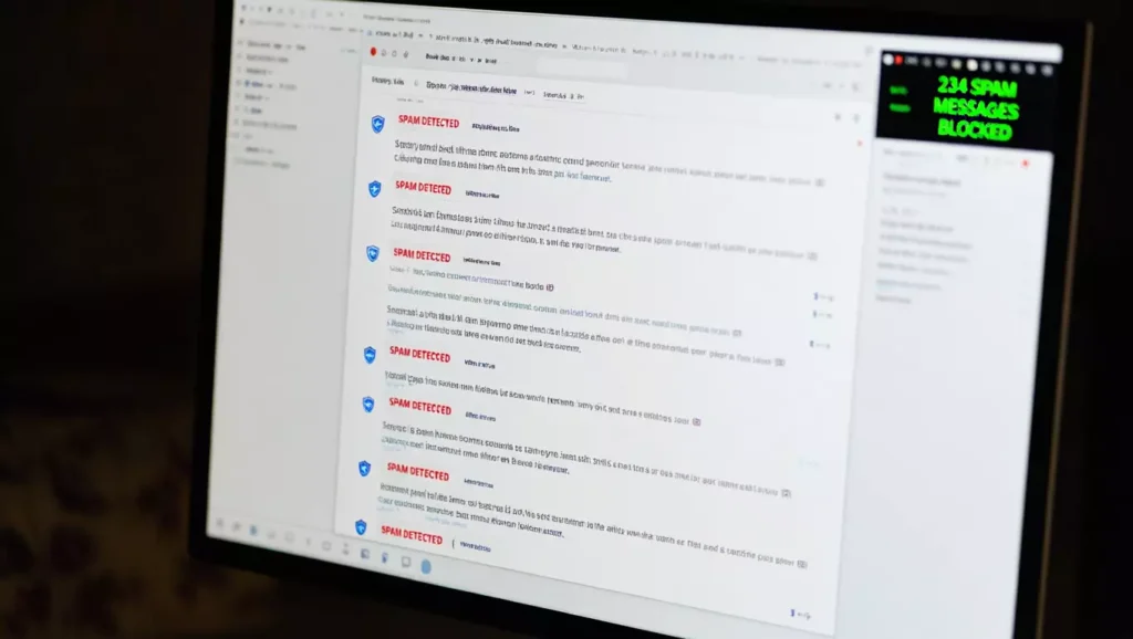 Computer screen displaying multiple spam emails being filtered with digital countermeasures