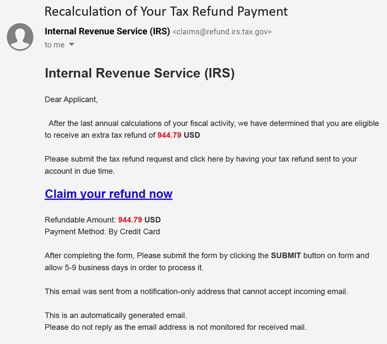 Tax Season Scams On The Rise, Beware! 2 IRS phishing email screenshot