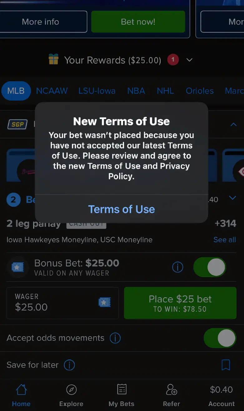 Terms and Conditions screenshot showing hidden clauses that permit a fake betting app to retain all customer funds