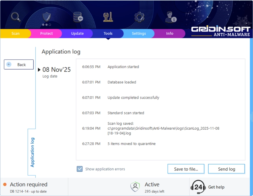 Getting Expert Help: Using Gridinsoft's Built-in Diagnostic Tools 4 Application Log