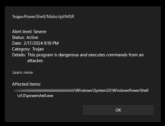 Trojan:PowerShell/Malscript!MSR 2 Trojan:PowerShell/Malscript!MSR detection screenshot