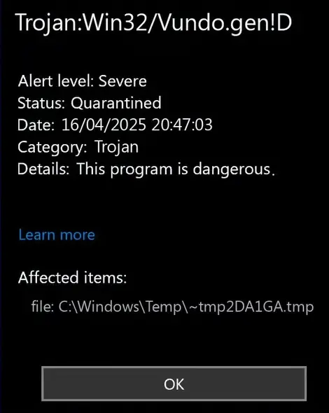 Trojan:Win32/Vundo.gen!D detection
