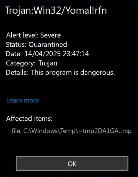 Trojan:Win32/Yomal!rfn detection