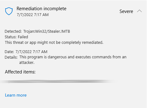 Trojan:Win32/Stealer!MTB Virus 2 Trojan:Win32/Stealer!MTB Detection screenshot