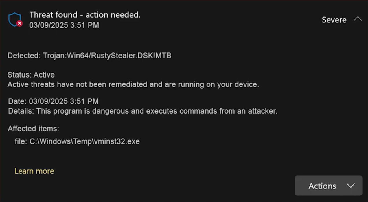 Trojan:Win64/RustyStealer.DSK!MTB 2 Trojan:Win64/RustyStealer.DSK!MTB detection popup screenshot