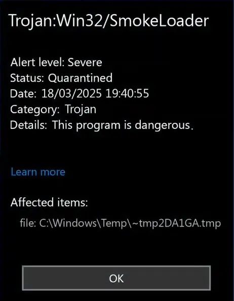 Trojan:Win32/SmokeLoader detection popup