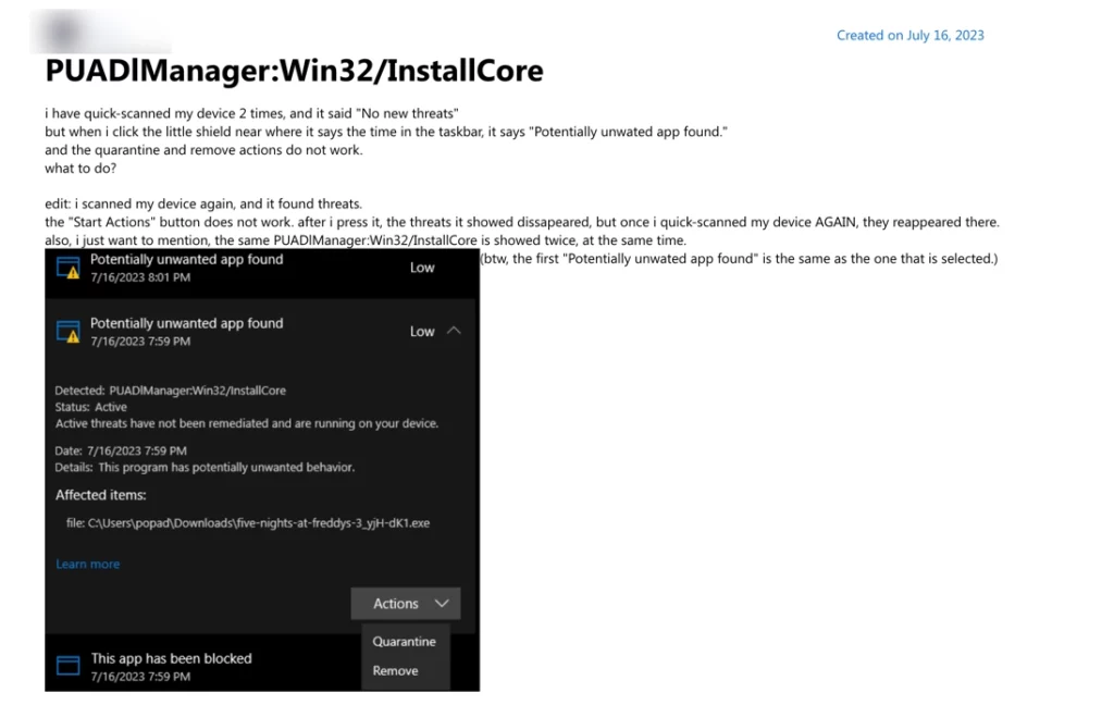 User complaint about false positive detection of PUADlmanager:Win32/InstallCore