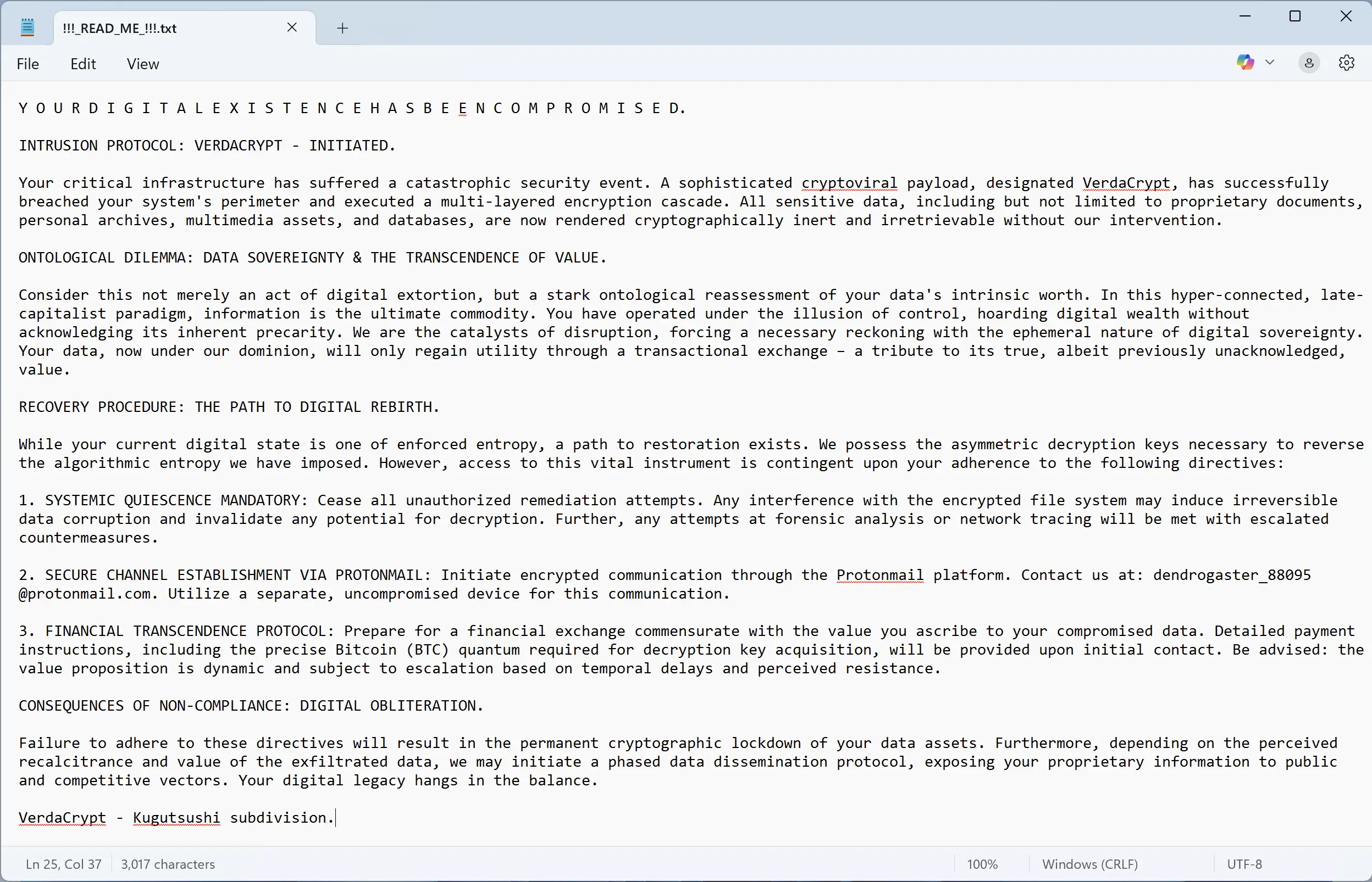 VerdaCrypt ransomware ransom note screenshot