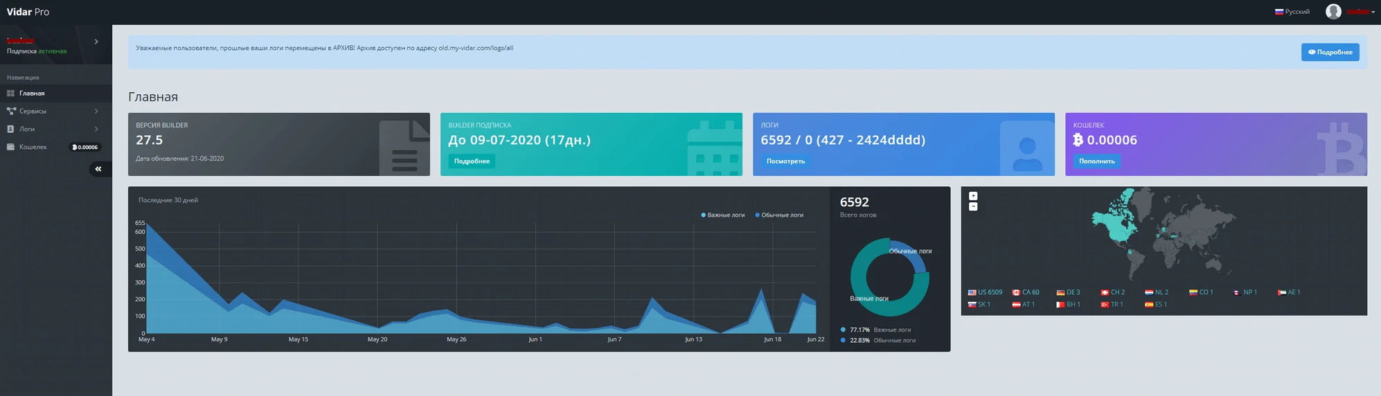 Vidar infostealer admin panel interface