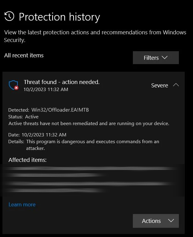 Trojan:Win32/Offloader.EA!MTB 2 Trojan:Win32/Offloader.EA!MTB detection window