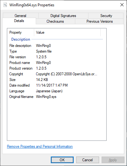 Windows file properties dialog showing details of legitimate WinRing0x64.sys driver with proper digital signature and file information