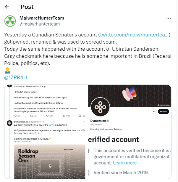 Verified X/Twitter Accounts Hacked to Spread Cryptoscams 2 Stolen verified accounts screenshot