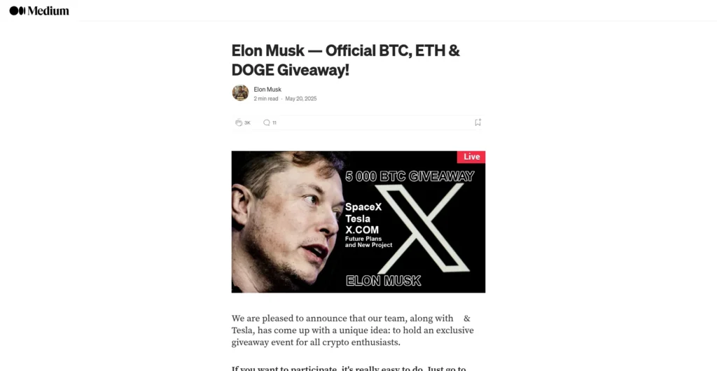 Fake: Elon Musk — Official BTC, ETH & DOGE Giveaway!